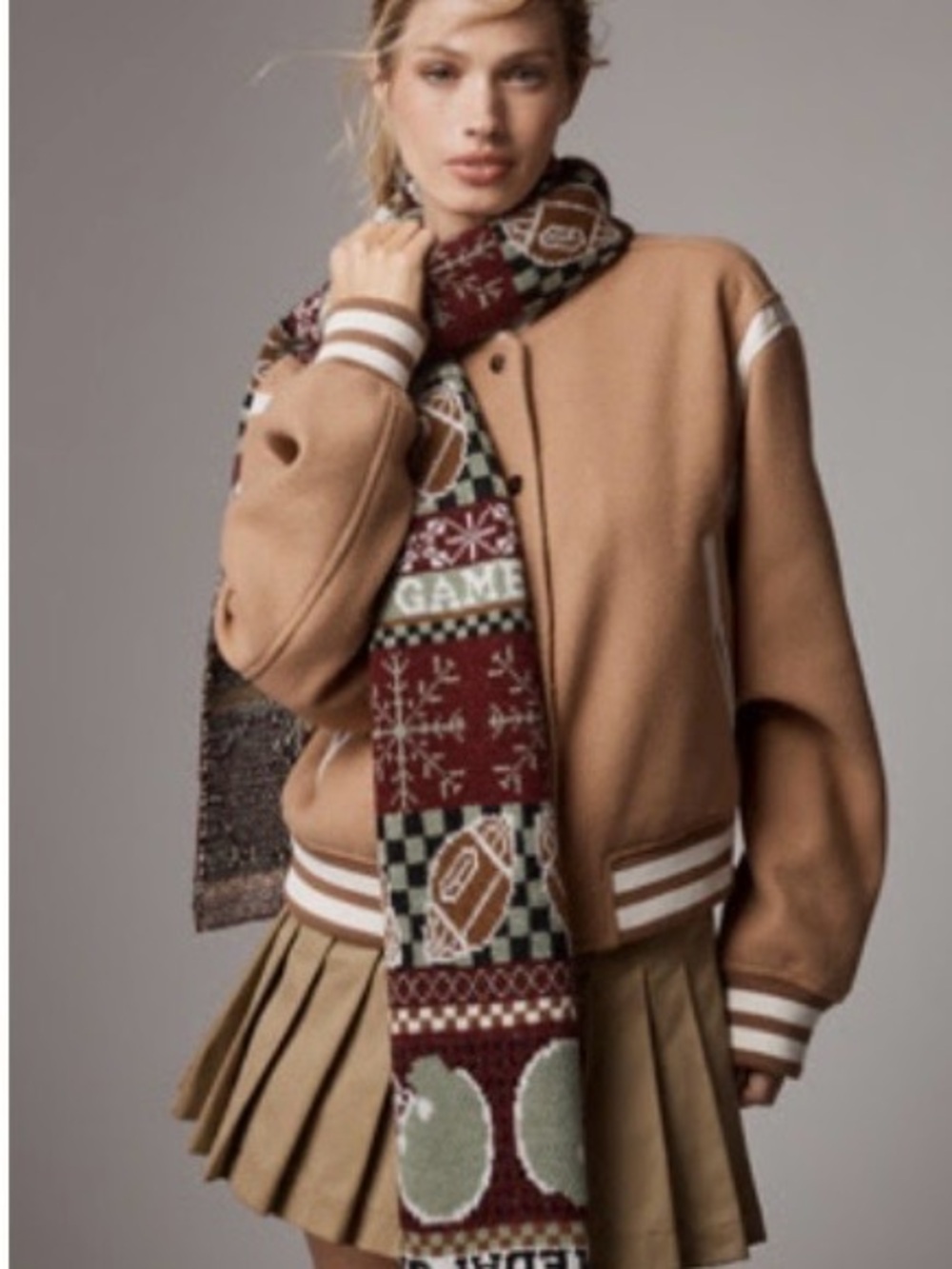 Anthropologie Burgundy and Green Patterned Knit Scarf